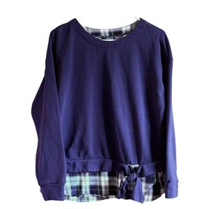 IZOD Womens‎ Blue Plaid Trim Tie Waist Sweatshirt Pullover Top Size L G